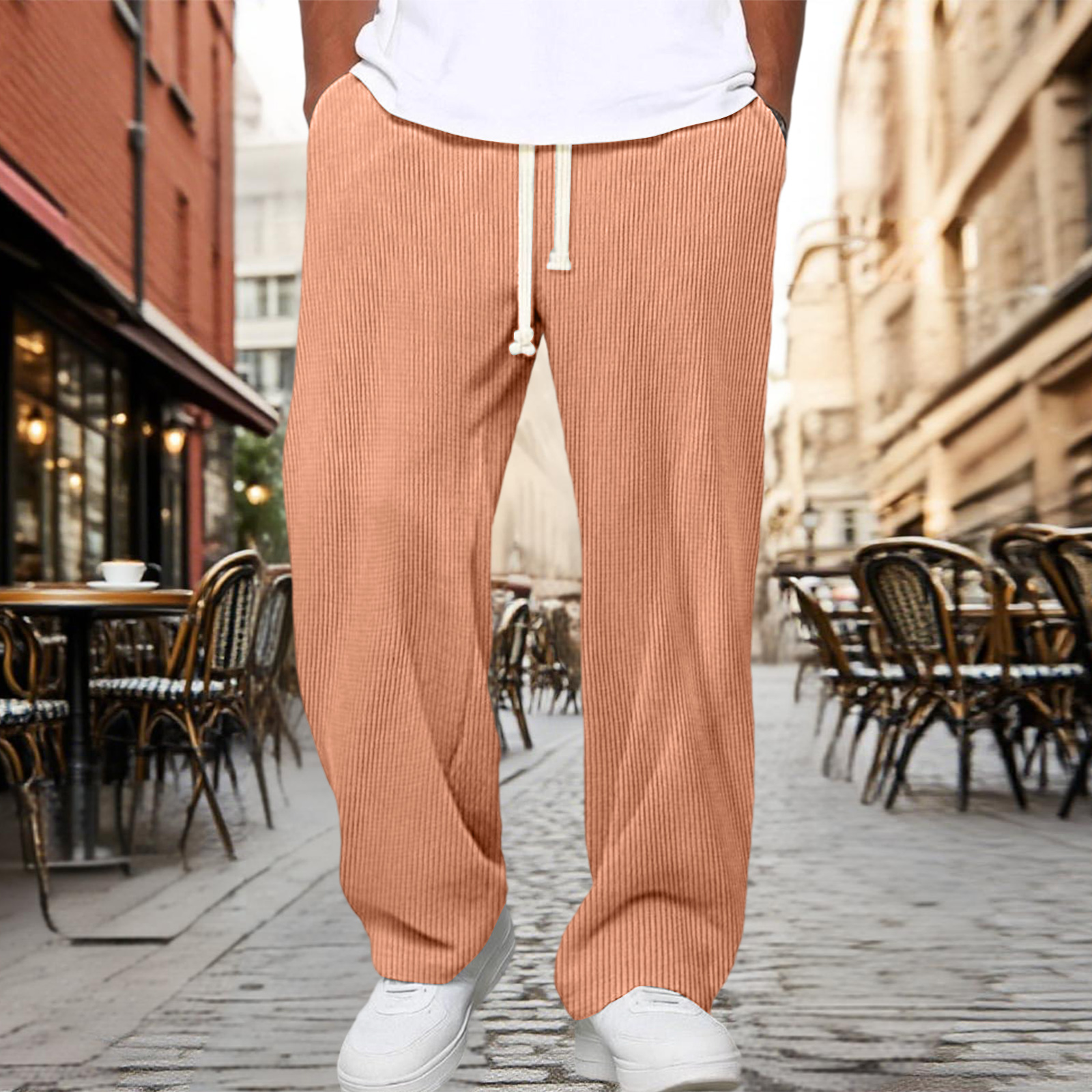 Dwelliawo Corduroy Pants Men Elastic Waist Wide Leg Pants Lightweight ...