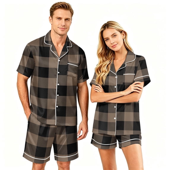 Dwelliawo Couple Pajamas Matching Sets Mens Pajama Sets With Pockets Button Down Loungewear for Men Black L