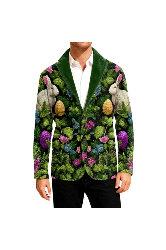 Easter Corduroy Blazer Men Casual Sport Corduroy Suit Jackets Long Sleeve Graphic Printed Wear Coat Single Breasted Printedout Tweed Blazer Business Formal Mens Blazer Dark Green 3XL