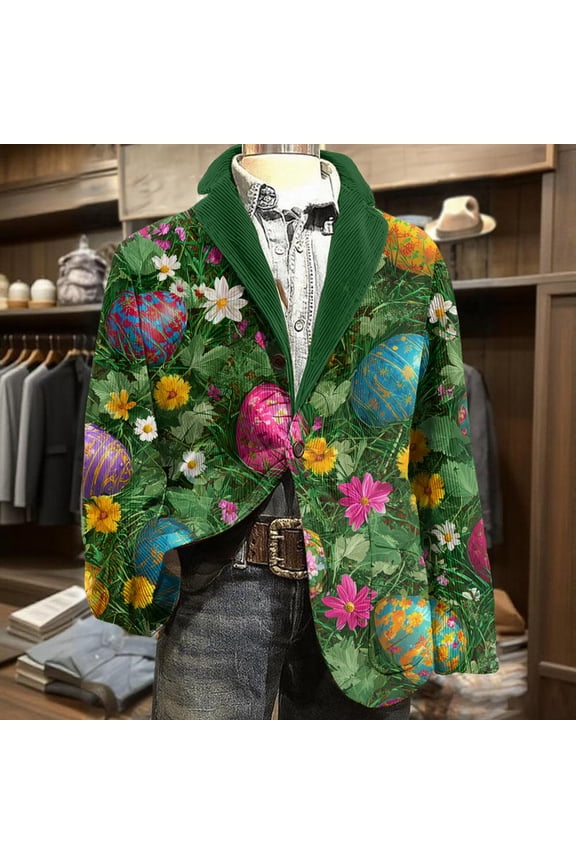 Easter Corduroy Blazer Men Casual Sport Corduroy Suit Jackets Long Sleeve Graphic Printed Wear Coats Single Breasted Printedout Tweed Blazer Business Casual Mens Blazer Green L