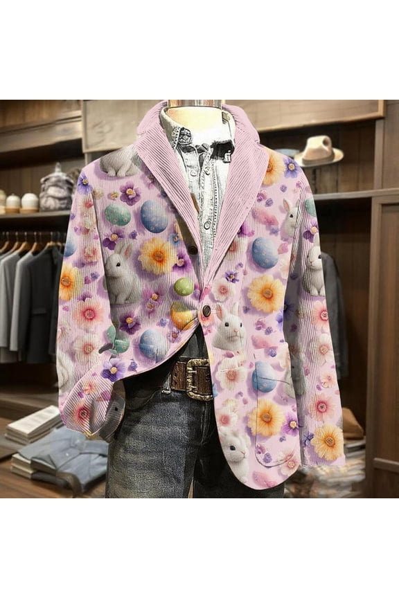 Easter Men's Casual Corduroy Blazer Slim Fit Graphic Printed Wear Long Sleeve Suit Jackets Corduroy Sport Coats Single Breasted Notched Lape Casual Mens Blazer Business Casual Blazer Pink S
