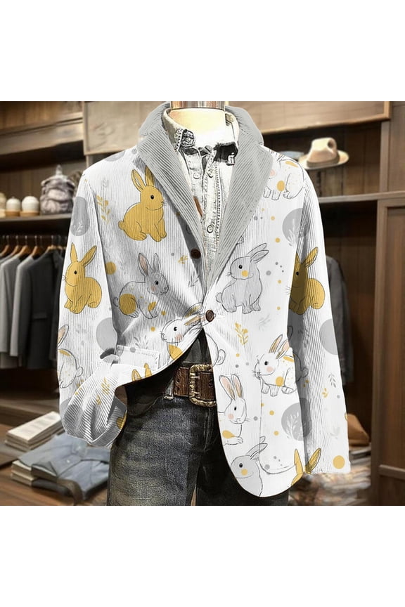 Easter Men's Casual Corduroy Blazer Tweed Graphic Printed Wear Long Sleeve Suit Jacket Corduroy Sport Coats Single Breasted Notched Lape Casual Blazer Casual Business Mens Blazer White L