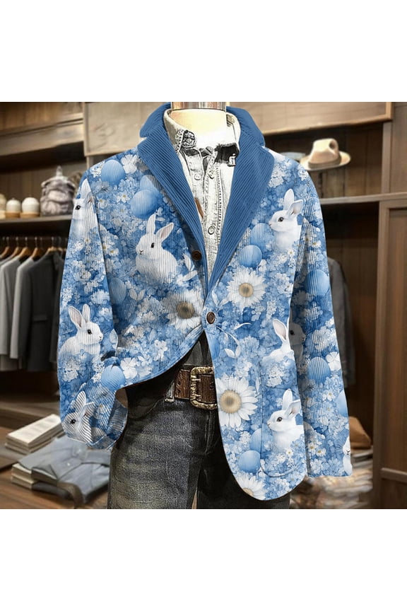 Easter Men's Casual Corduroy Jacket Formal Sport Corduroy Suit Jackets Long Sleeve Graphic Printed Wear Coats Single Breasted Printedout Casual Blazer Business Formal Mens Blazer Cyan L
