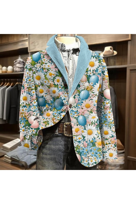 Easter Mens Casual Blazer Casual Sport Corduroy Suit Jackets Long Sleeve Graphic Printed Wear Coat Single Breasted Notched Lape Slim Fit Blazer Casual Formal Mens Blazer Beige L