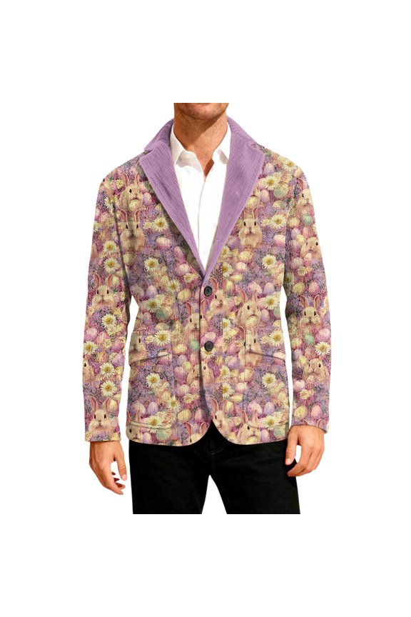 Easter Mens Casual Blazer Casual Sport Long Sleeve Suit Jackets Corduroy Graphic Printed Wear Coats Single Breasted Printedout Slim Fit Blazer Casual Formal Mens Blazer Pink 2XL