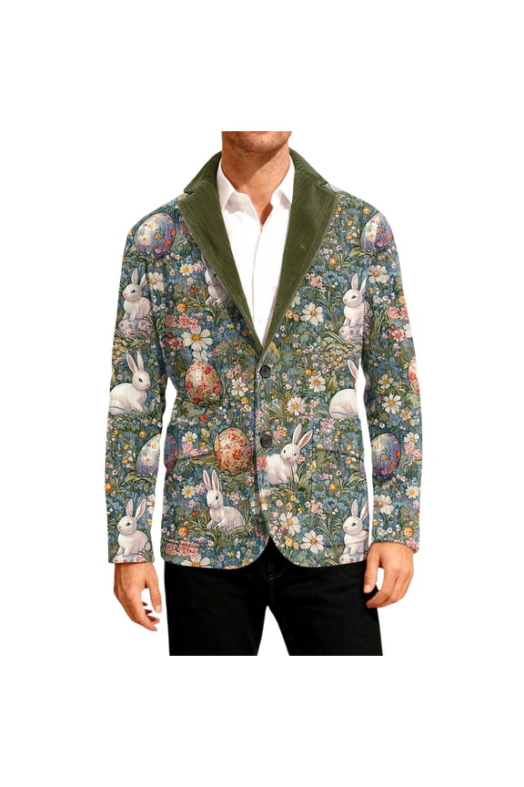 Easter Mens Corduroy Blazer Casual Sport Long Sleeve Suit Jacket Corduroy Graphic Printed Wear Coats Single Breasted Notched Lape Formal Blazer Formal Casual Mens Blazer Green XL
