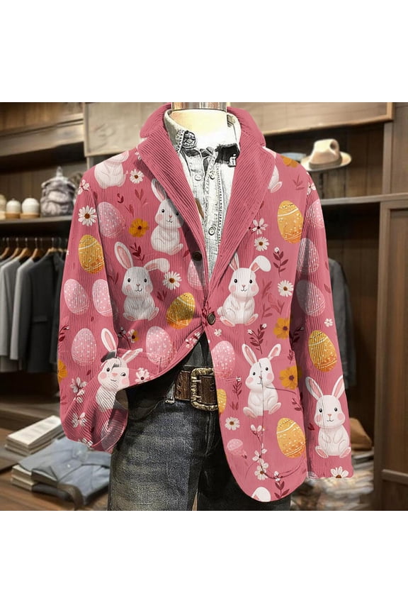 Easter Mens Corduroy Blazer Formal Graphic Printed Wear Long Sleeve Suit Jackets Corduroy Sport Coats Single Breasted Printedout Tweed Mens Blazer Business Formal Blazer Purple Pink S