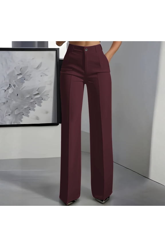 Elastic High Waist Dress Pants for Women Straight Leg Office Work Slacks Pull On Business Casual Trousers with Pockets Red M