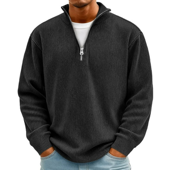 Dwelliawo Fall Sweater Men Long Sleeve Quarter Zip Ribbed Sweater Polo Corduroy Sweaters Regular Fit Fashion Fall Winter Thick Stand Collar Pullover Black 3XL