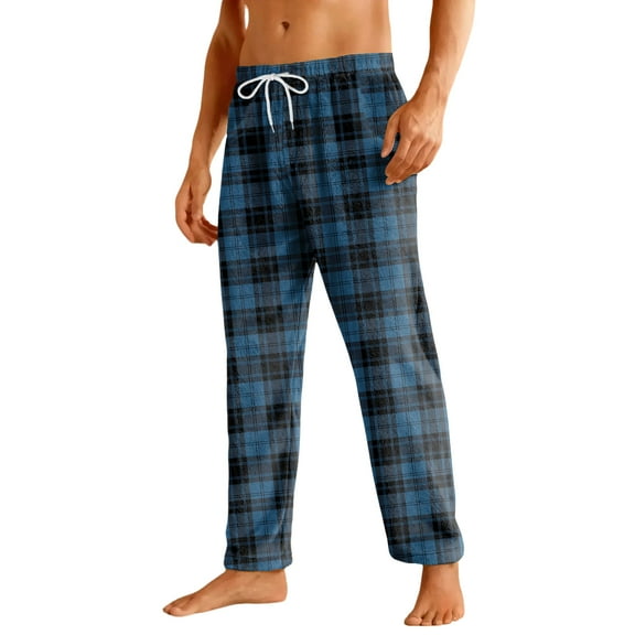 Dwelliawo Flannel Pajamas Men Matching Pjs Pants Comfy Pjs Christmas Plaid Pajama Bottoms Cute Checkered Drawstring Sweatpants Dark Blue M