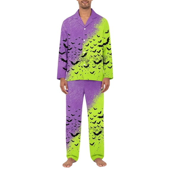 Dwelliawo Halloween Big Head for Mens Pajamas Set, Soft Long Sleeve Pajamas for Lightweight Button Green L