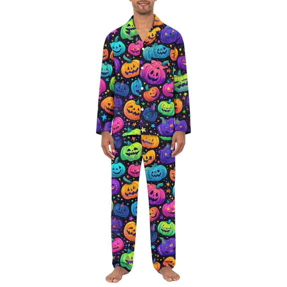 Dwelliawo Halloween Big Head for Mens Pajamas Set, Soft Long Sleeve Pajamas for Lightweight Button Red M