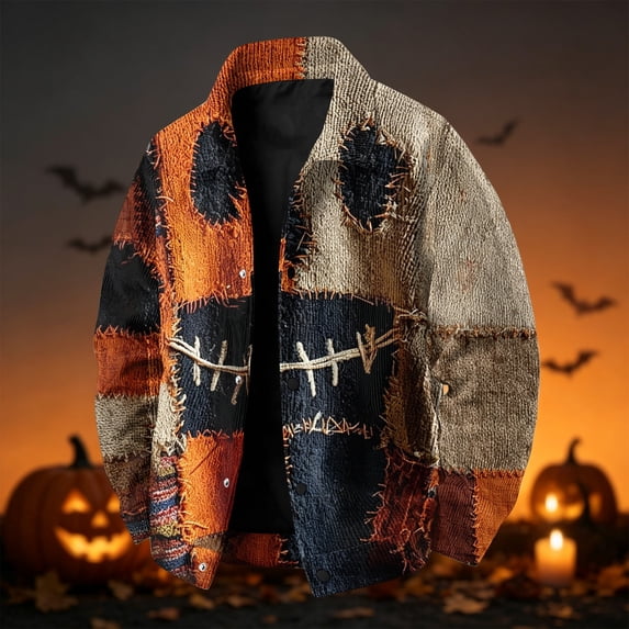 Dwelliawo Halloween Corduroy Overshirt For Men Long Sleeve Lapel Button Front Jacket Loose Fit Warm Casual Fall Winter Outerwear With Pockets Saffron 3xL