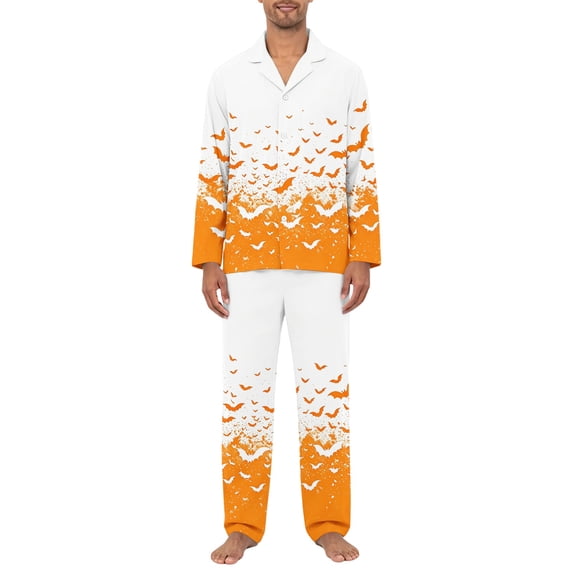 Dwelliawo Halloween Pjs Men Pants Set Silk Satin Pajamas Lounge Sets 2 Piece Fall Outfit Button Down Matching Sleepwear Saffron L