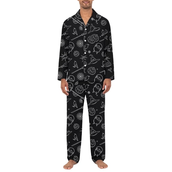 Dwelliawo Halloween Skull Print Pajamas Set Mens Pajamas Long Sleeve Loungewear Two-Piece Sleepwear Button-Down Pjs Set Navy 3xL