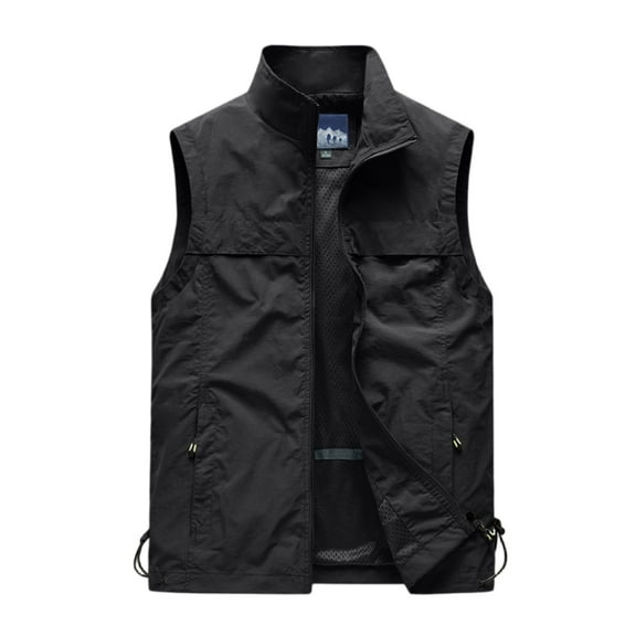 Dwelliawo Hiking Vest Men Golf Lightweight Casual Jacket Cargo Outdoor Vest with Hidden Pockets Fall Zip Sleeveless Vests Black L