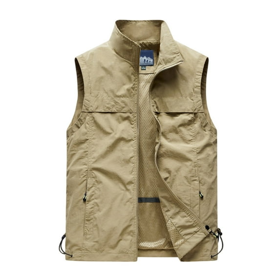Dwelliawo Hiking Vest Men Golf Lightweight Casual Jackets Cargo Hiking Vest Multi Pockets Zip Up Sleeveless Vests Khaki L