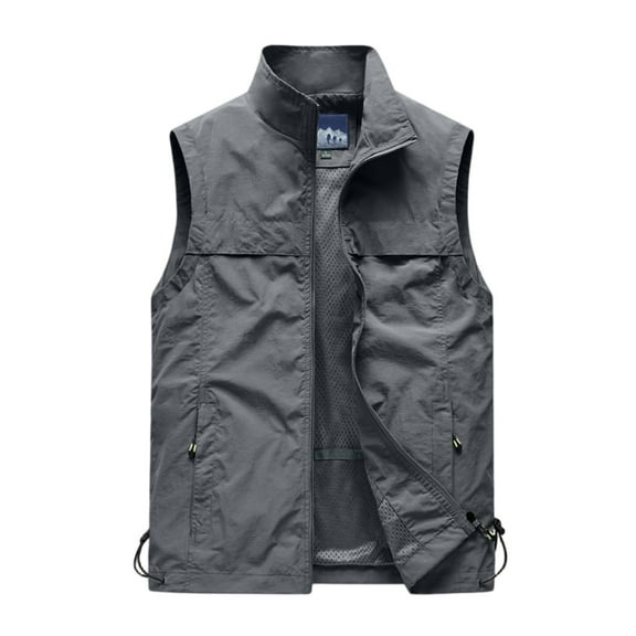 Dwelliawo Hiking Vest Men Quick Dry Hiking Vest Multi Pockets Golf Casual Lightweight Jackets Zip Up Sleeveless Vests Gray 3XL