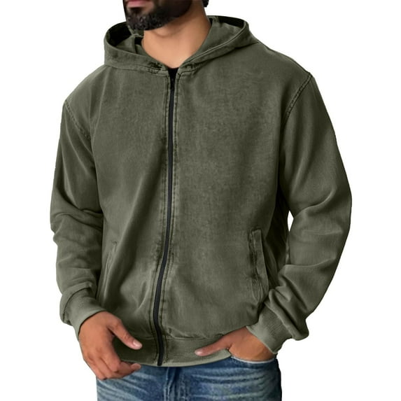 Dwelliawo Hooded Sweatshirt Men Zip Up Vintage Casual Zip Up Hoodie Hooded Acid Washed Sweatshirts Fleece Oversized Lightweight Fall Clothes Army Green XL