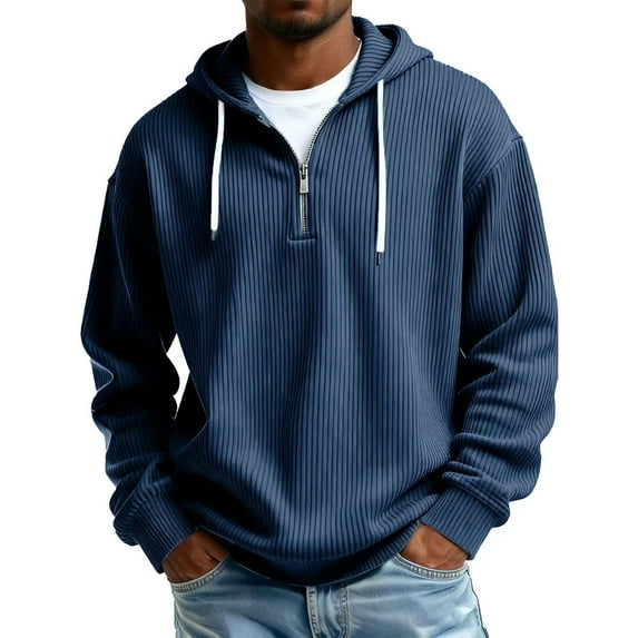Dwelliawo Hoodies for Men Drawstring Corduroy Knit Solid Color Long Sleeve Casual Sweatshirt 1/4 Zip Hooded Fall Hoodie Pullover with Hood Navy L