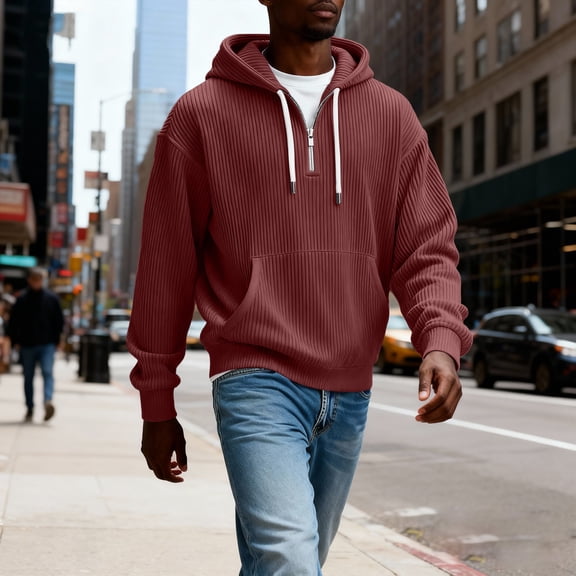 Dwelliawo Hoodies for Men Solid Color Waffle Long Sleeve Drawstring Fashion Sweatshirts Quarter Zip Casual Fall Hoodies Pullover with Pockets Red XL
