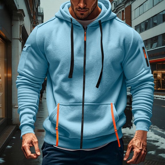 Dwelliawo Hoodies for Men Tactical Sweatshirt Quarter Full Zip Cargo Pullover Autumn Big and Tall Hooded Sweatshirt with Pocket Light Blue XL