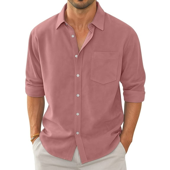 Dwelliawo Linen Shirt for Men Casual Business Dress Shirt Long Sleeve Button Down Shirts Summer Cotton Linen Regular Fit Clothes with Chest Pocket Pink M