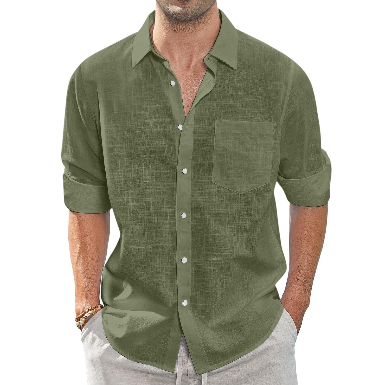 Dwelliawo Linen Shirt Men Long Sleeve Button Down Shirts Casual ...
