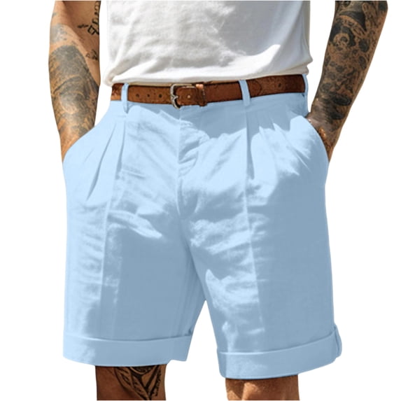 Dwelliawo Linen Shorts for Men Straight Leg 9" Flat Front with Pockets Shorts Vintage Summer Outfits Cotton Linen Elastic Waist Relaxed Fit Light Blue L
