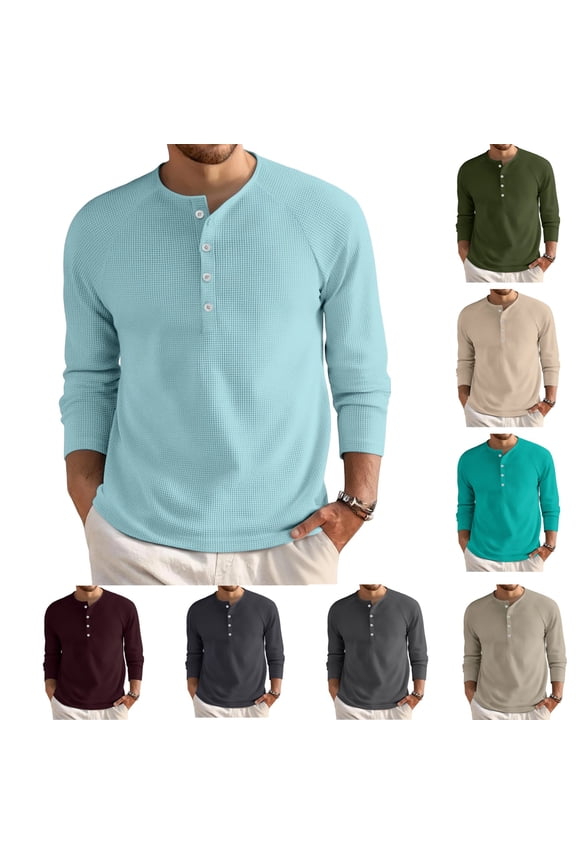 Long Sleeve Shirts for Men Winter Lightweight Fashion Shirt Long Sleeve Button Waffle Henley T-Shirt Casual Classic Pullover Shirt Cyan 3XL