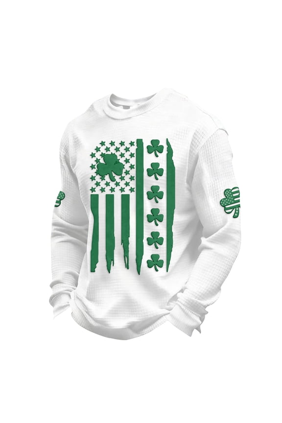 Long Sleeve T Shirt Men Graphic Long Sleeve Waffle Knit Shirts Novelty St Patricks Day Shamrock Irish Clover Printed Tees Crewneck Blouses White 2XL
