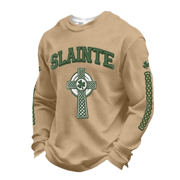 Dwelliawo Long Sleeve T Shirt Men Graphic Long Sleeve Waffle Knit T Shirt 2026 Saint Patrick's Irish Clover Celtic Cross Flag Printed Shirts Crewneck Outfit Khaki 3XL