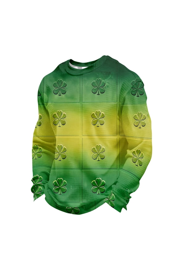 Long Sleeve T Shirt Men Graphic Waffle Knit Long Sleeve Shirts 2026 St Patricks Day Celtic Cross Flag Irish Clover Print Tees Round Neck Outfit Turquoise XL