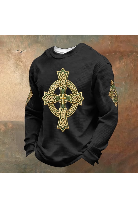 Long Sleeve T Shirt Men Graphic Waffle Knit Long Sleeve Tees Casual Saint Patrick's Irish Clover Shamrock Print Shirts Round Neck Outfit Black M