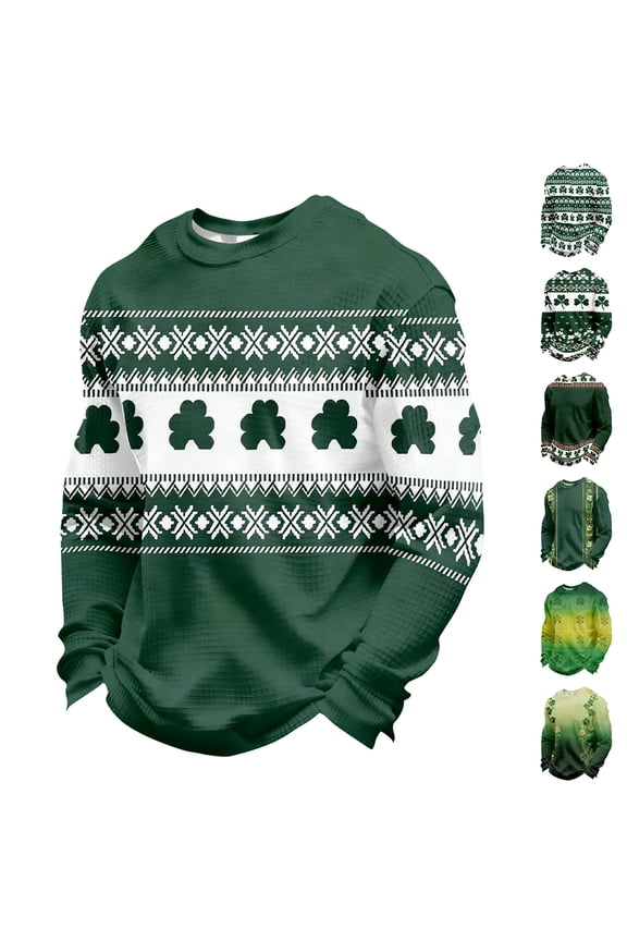 Long Sleeve T Shirt Men Graphic Waffle Knit Long Sleeve Tees Funny Saint Patrick's Shamrock Leaf Clover Print T Shirt Crewneck Tops Green 2XL