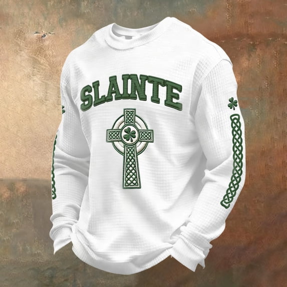 Dwelliawo Long Sleeve T Shirt Men Print Waffle Knit Long Sleeve T Shirt Funny Saint Patrick's Four Leaf Clover Irish Clover Printed Shirts Round Neck Blouses White M