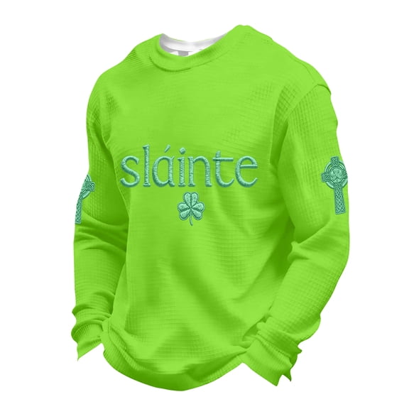 Dwelliawo Long Sleeve T Shirt Men Print Waffle Knit Long Sleeve T Shirt Saint Patrick's Slainte Clover Celtic Cross Flag Printed Shirts Crewneck Tops Fluorescent Green S