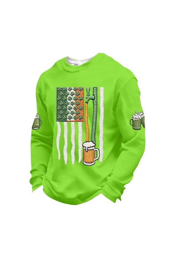 Long Sleeve T Shirt Men Printed Long Sleeve Waffle Knit T Shirt Casual St Patricks Day Irish Clover Celtic Cross Flag Graphic Shirts Crewneck Tops Fluorescent Green M