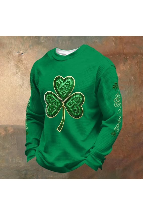 Long Sleeve T Shirt Men Printed Waffle Knit Long Sleeve Shirts Cute Saint Patrick's Irish Clover Celtic Cross Flag Print T Shirt Crewneck Tops Green XL