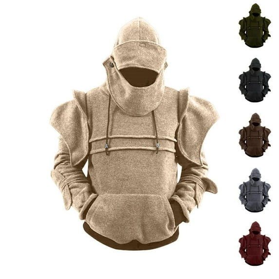 Dwelliawo Medieval Knight Hoodie for Men Elbow Protection Armor Halloween Party Sweatshirts Medieval Knight Retro Mask Long Sleeve Costumes with Kangaroo Pocket Khaki L
