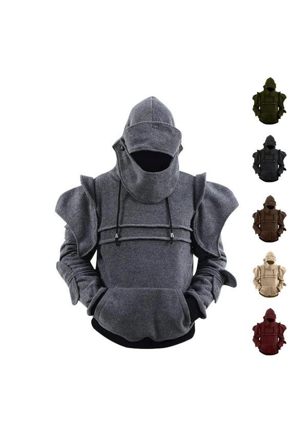 Medieval Knight Hoodie for Men Armor Retro Mask Hooded Sweatshirt Medieval Knight Elbow Protection Drawstring Costumes with Pocket Gray M