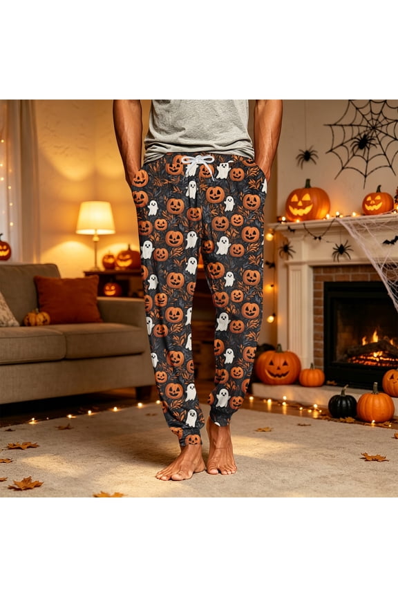 Men Bat Moon Print Jogger Pants Drawstring Sweatpants for Gothic Streetwear, Loungewear & Halloween Earthy Yellow S