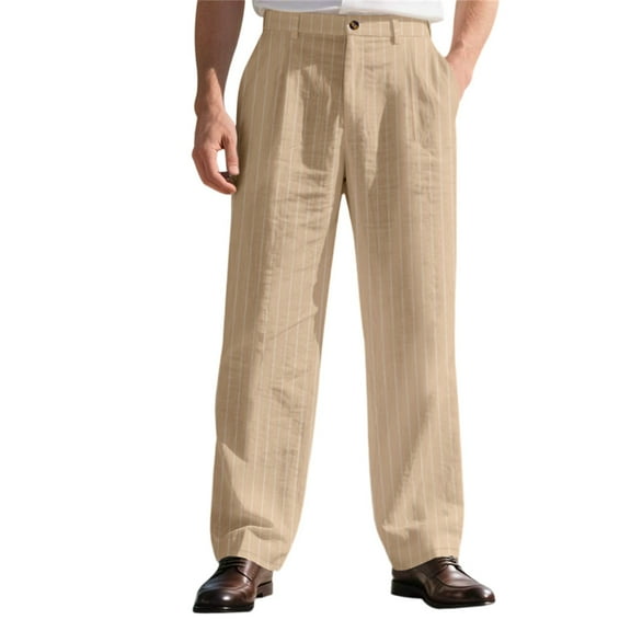 Dwelliawo Men Linen Pants Baggy Straight Legs Striped Pant Lightweight Loose Dress Pants Slim Fit Yoga Slacks with Pockets Khaki M