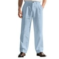 thumbnail image 1 of Dwelliawo Men Linen Pants Straight Legs Baggy Striped Pants Lightweight Casual Trousers Slim Fit Summer Beach Slacks with Pockets Light Blue L, 1 of 4