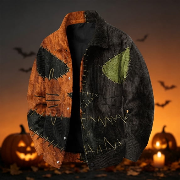 Dwelliawo Men Long Sleeve Lapel Collar Halloween Corduroy Jacket Button Front Loose Fit Warm Casual Fall Winter Daily Outfit Coat With Pockets Earthy Yellow 2xL