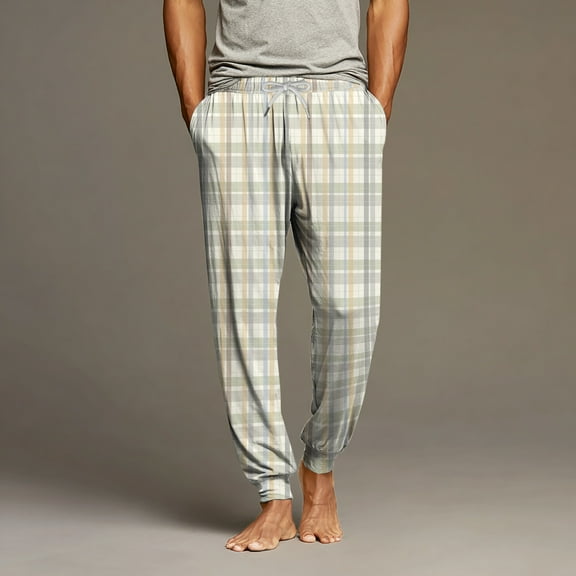 Dwelliawo Men Pajama Pants Loose Fit Drawstring Pajama Pant with Pockets Soft Sleepwear Loungewear Pant Bottoms Jogger Plaid Pants Khaki XL