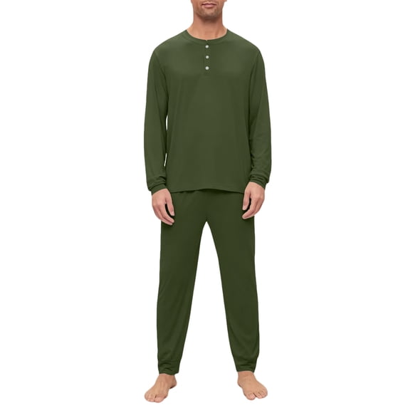 Dwelliawo Men Pajama Set Long Sleeve Henley Pjs Soft Modal Breathable Button Top Jogger Pants Lightweight Loungewear For Sleeping Daily Rest Green 3xL
