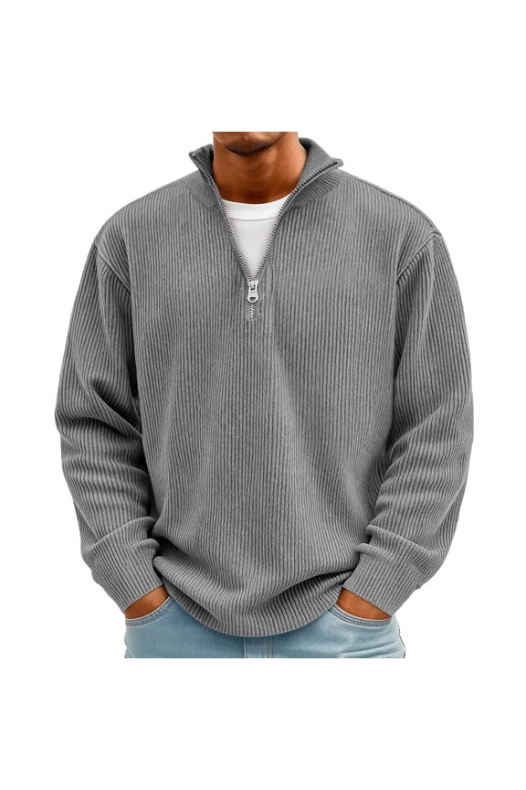 Men Quarter Zip Pullover Sweaters Ribbed Corduroy Sweater Fashion Lightweight Long Sleeve Sweaters Warm Casual Winter Slim Fit Mock Neck Pullover Sweater Gray 3XL