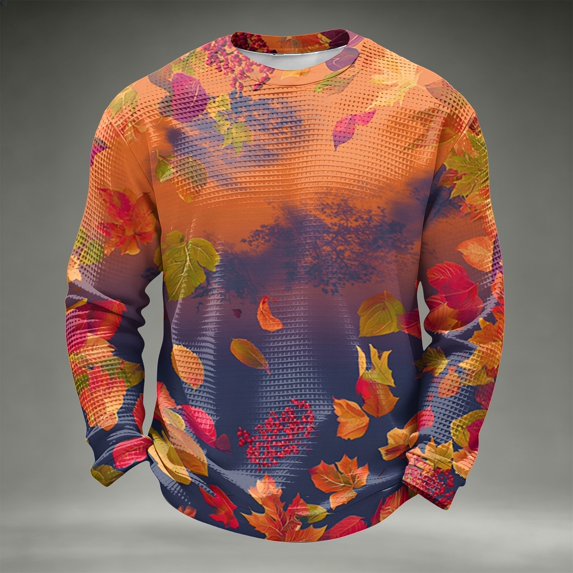Dwelliawo Men Rustic Maple Leaf All Over Print Crew Neck Sweatshirt Long Sleeve Pullover Skin Friendly Relax Fit Casual Top For Weekend Hike Daily Wear Multicolor 4xL