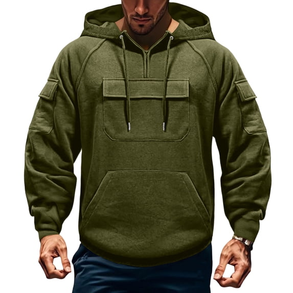 Dwelliawo Men Tactical Hoodies Tactical Hoodies Quater Zip Up Cargo Pullover Autumn Fashion Hooded Sweatshirts with Pockets Army Green L
